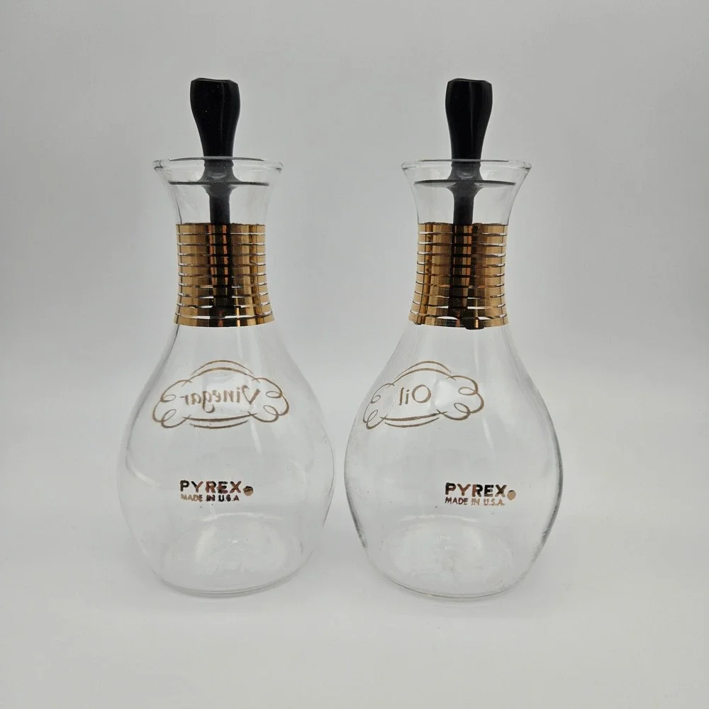 Vintage Pyrex Cruet Set Clear Gold Band Oil Vinegar Mid Century Modern Retro